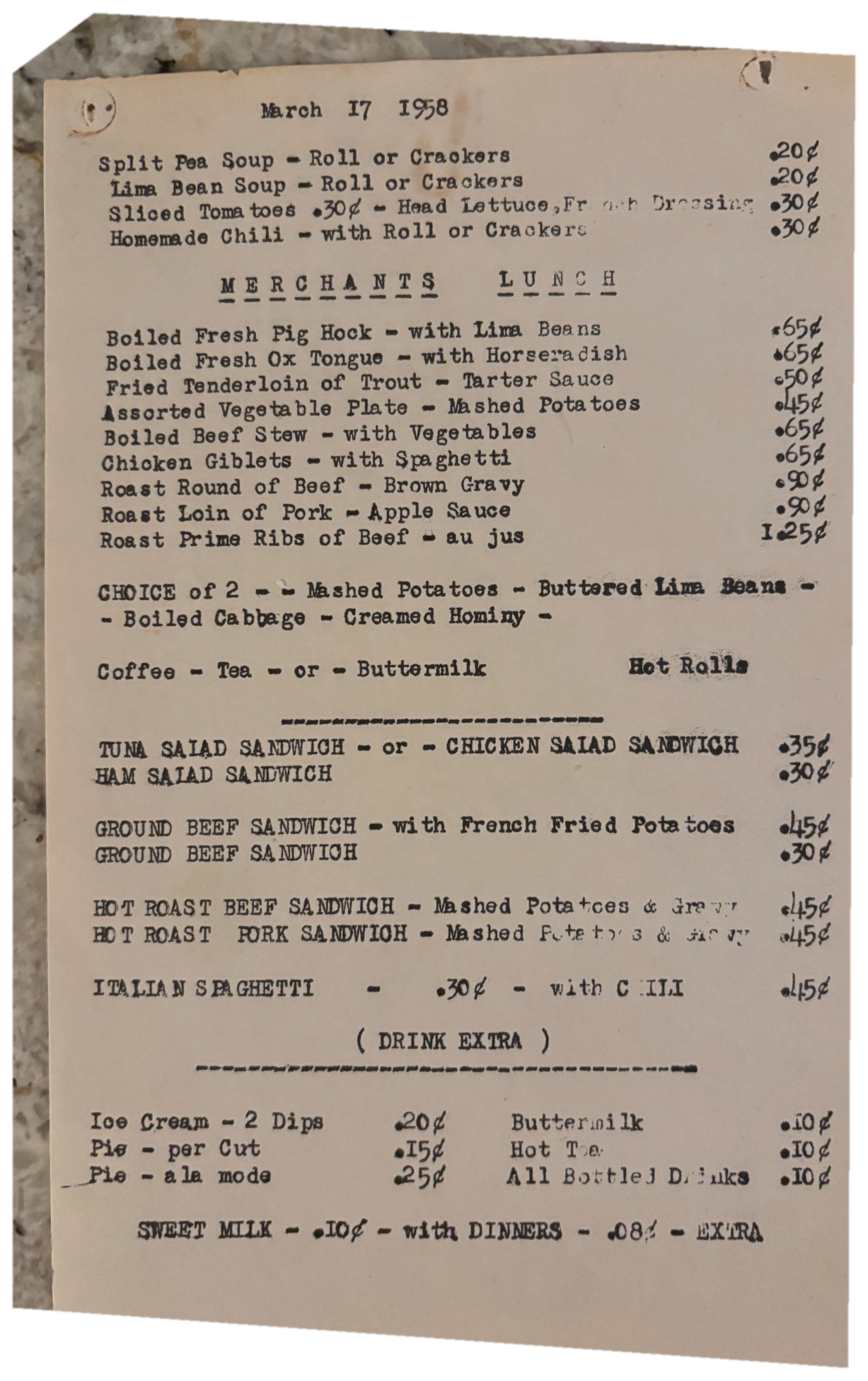 1958 lunch menu